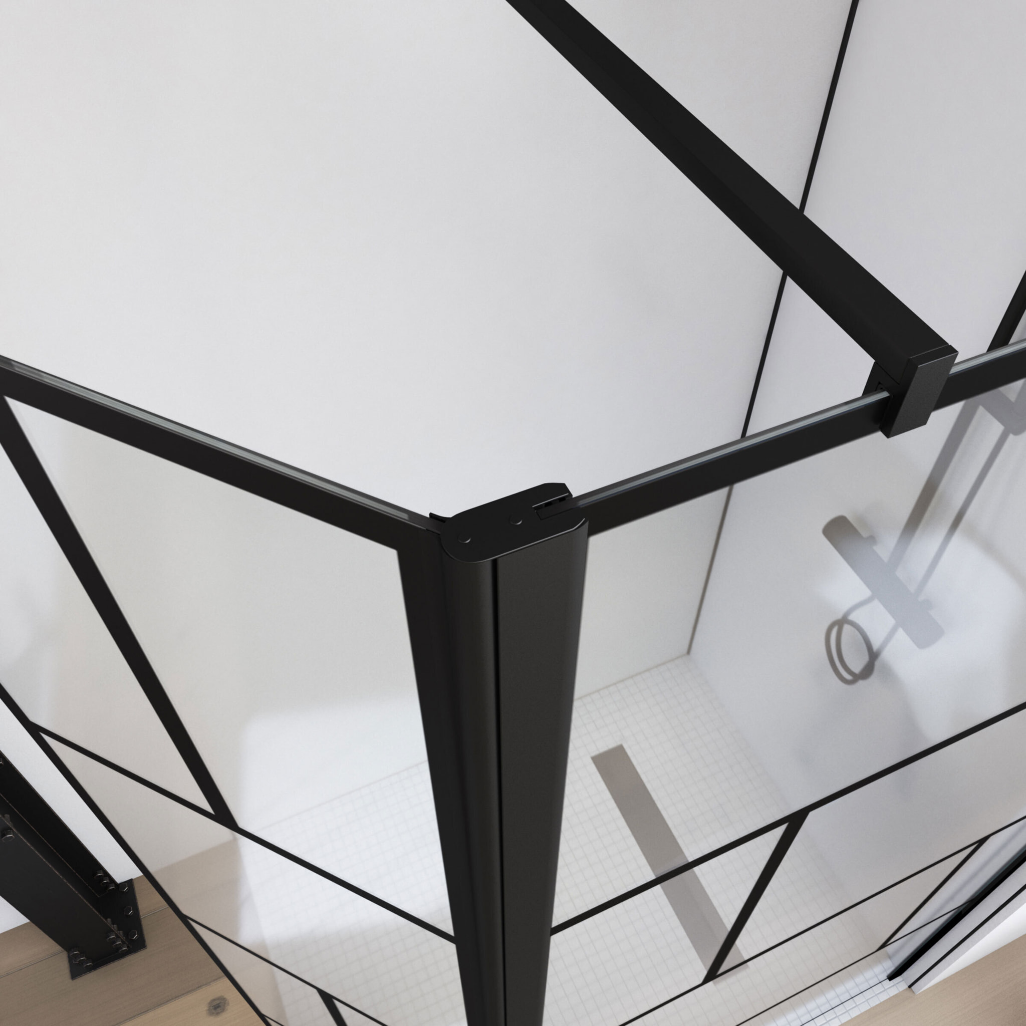 Paroi de douche avec pivot 90+40x195cm - Sérigraphie type Briques et Profilés Noir - Verre 5 mm