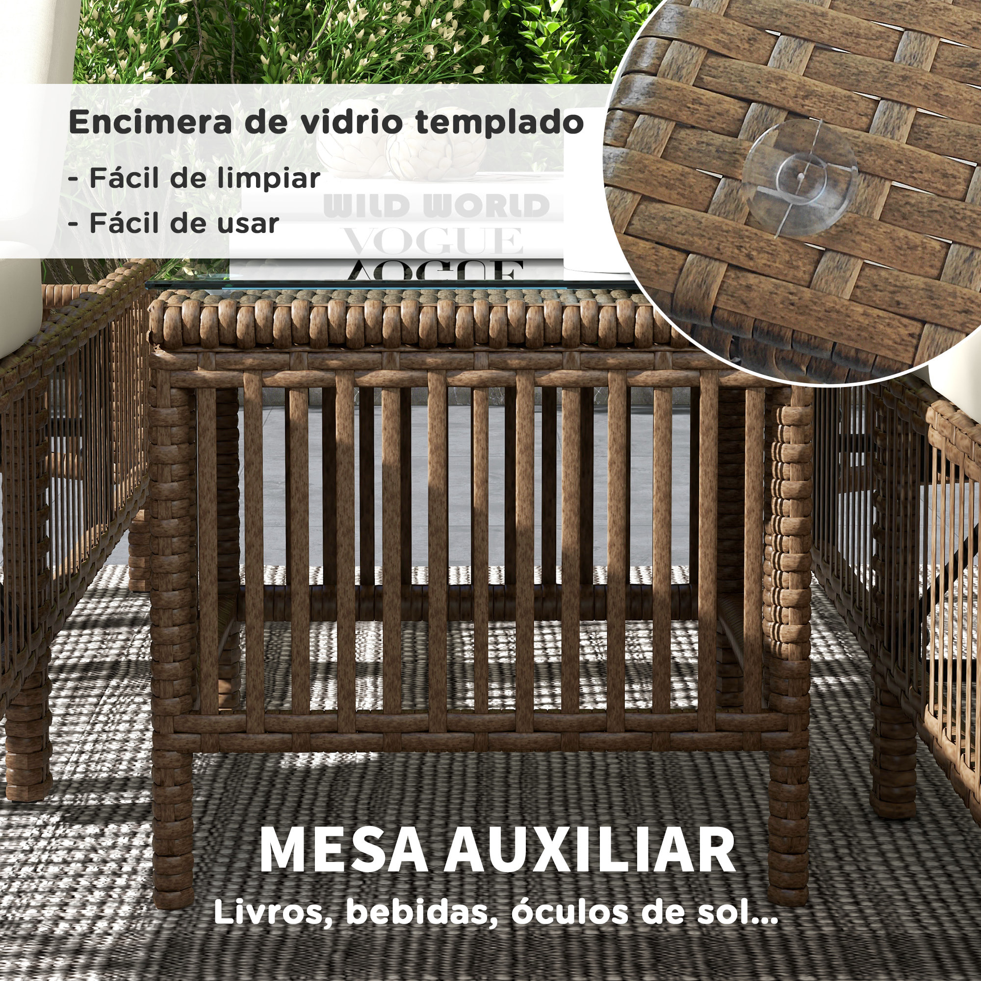 Conjunto de 2 Tumbonas de Jardín Exterior Tumbonas de Mimbre Tejido con Mesa de Tapa de Vidrio Respaldo Reclinable de 5 Posiciones y Cojines Suaves 196x54x32 cm Beige