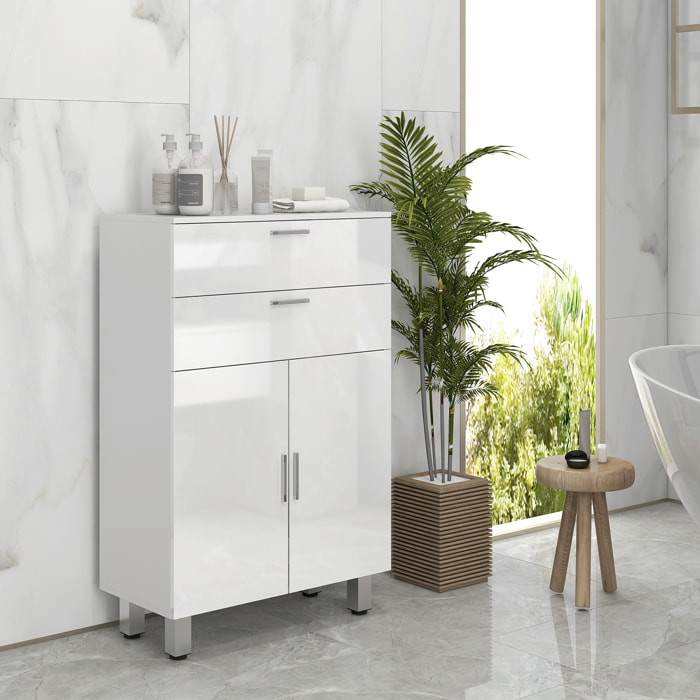 Meuble bas salle de bain façade blanc laqué 2 portes 2 étagères 2 tiroirs