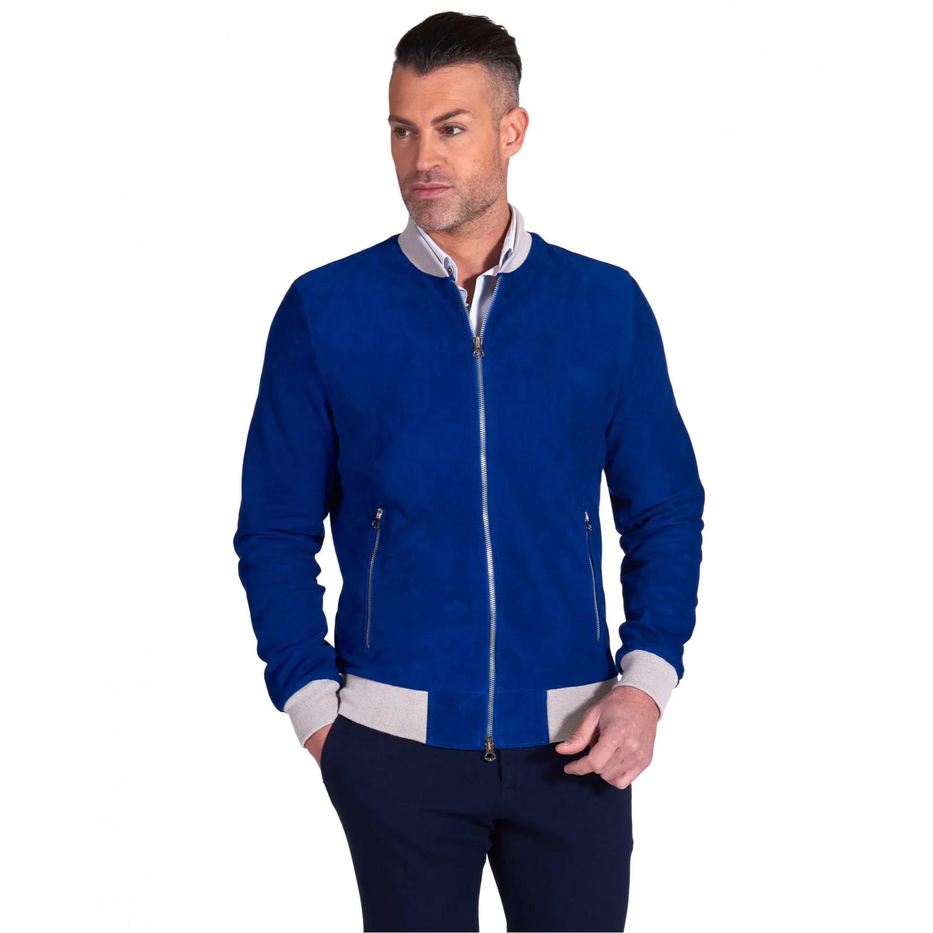 Bomber in pelle scamosciata blu elettrico a contrasto