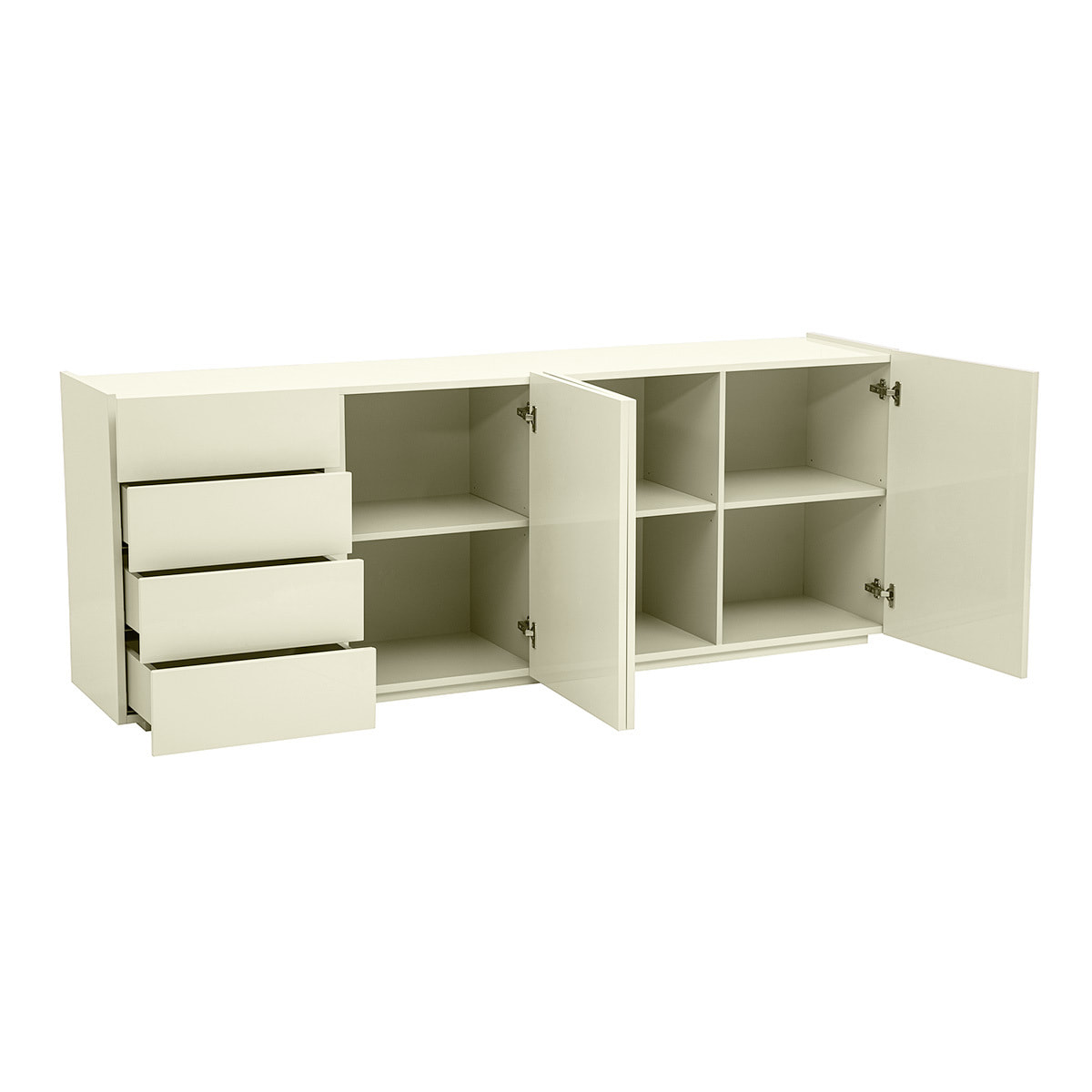 Buffet beige laqué brillant 3 portes 4 tiroirs L200 cm ISAURE