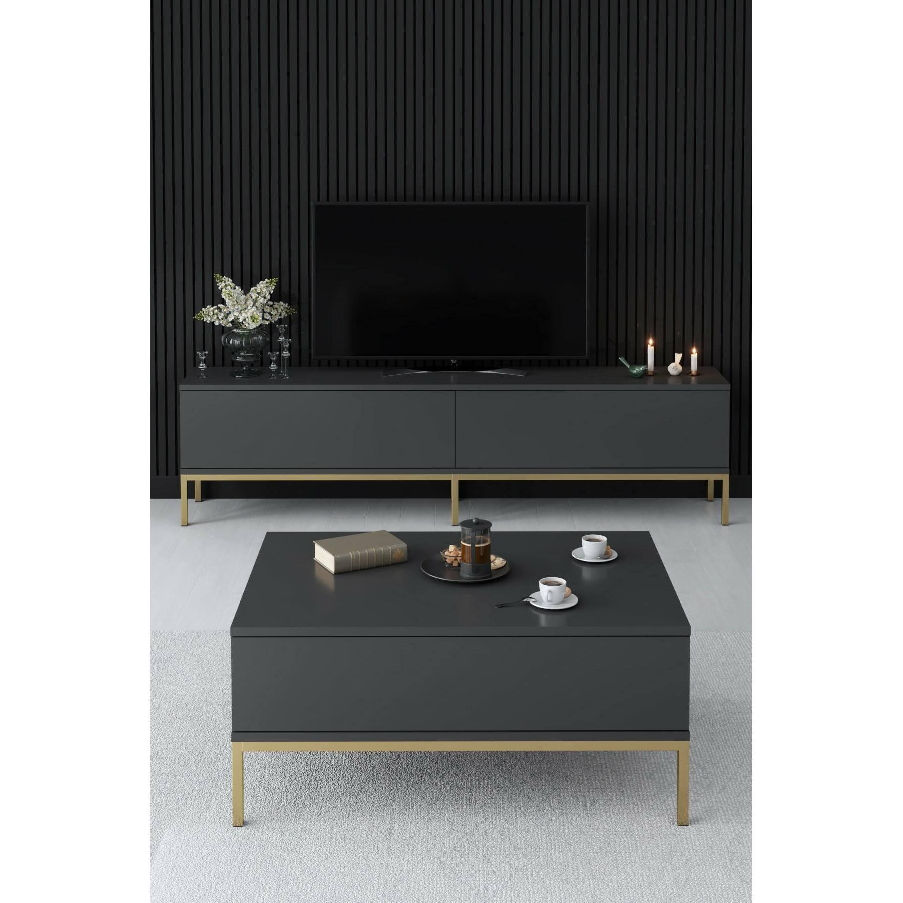 Mobile porta TV Dpetrell, Credenza da soggiorno, Armadio basso per TV, Base parete attrezzata, 180x30h47 cm, Antracite e Oro