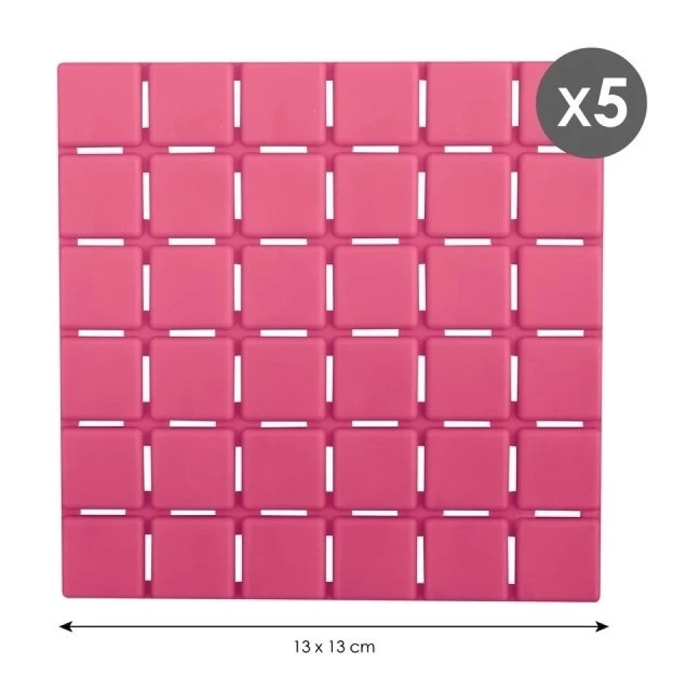 Lot de 5 Tapis antidérapants de douche ou baignoire Caoutchouc QUADRO 13x13cm Fushia MSV