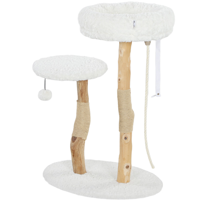 Arbre à chat style bohème chic H.85 cm plateforme panier observation corde boule bois naturel effet laine bouclée