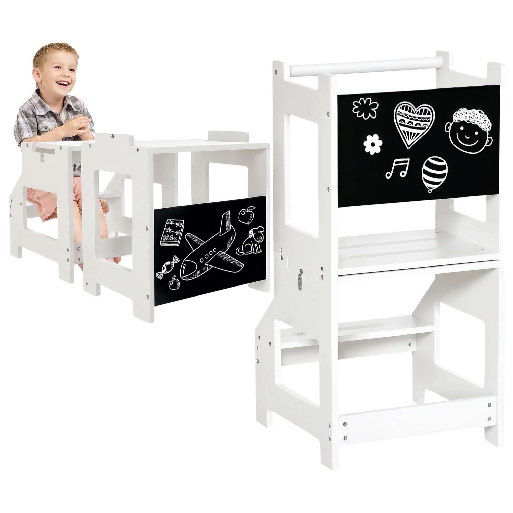Torre de Aprendizaje 2 en 1 Taburete de Aprendizaje para Niños de +3 Años Convertible en Escritorio con Pizarra y Barra de Seguridad 42x44x86 cm Blanco