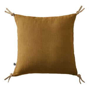 Coussin déhoussable avec pompons "Soline" Lin lavé 45 x 45 cm - Couleur: Soline Caramel