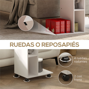 Mesa Auxiliar Multifuncional en Forma de C Mesa Auxiliar para Sofá con Ruedas Compartimentos Abiertos Mesita Auxiliar para Salón Dormitorio Oficina 40x30x69 cm Blanco