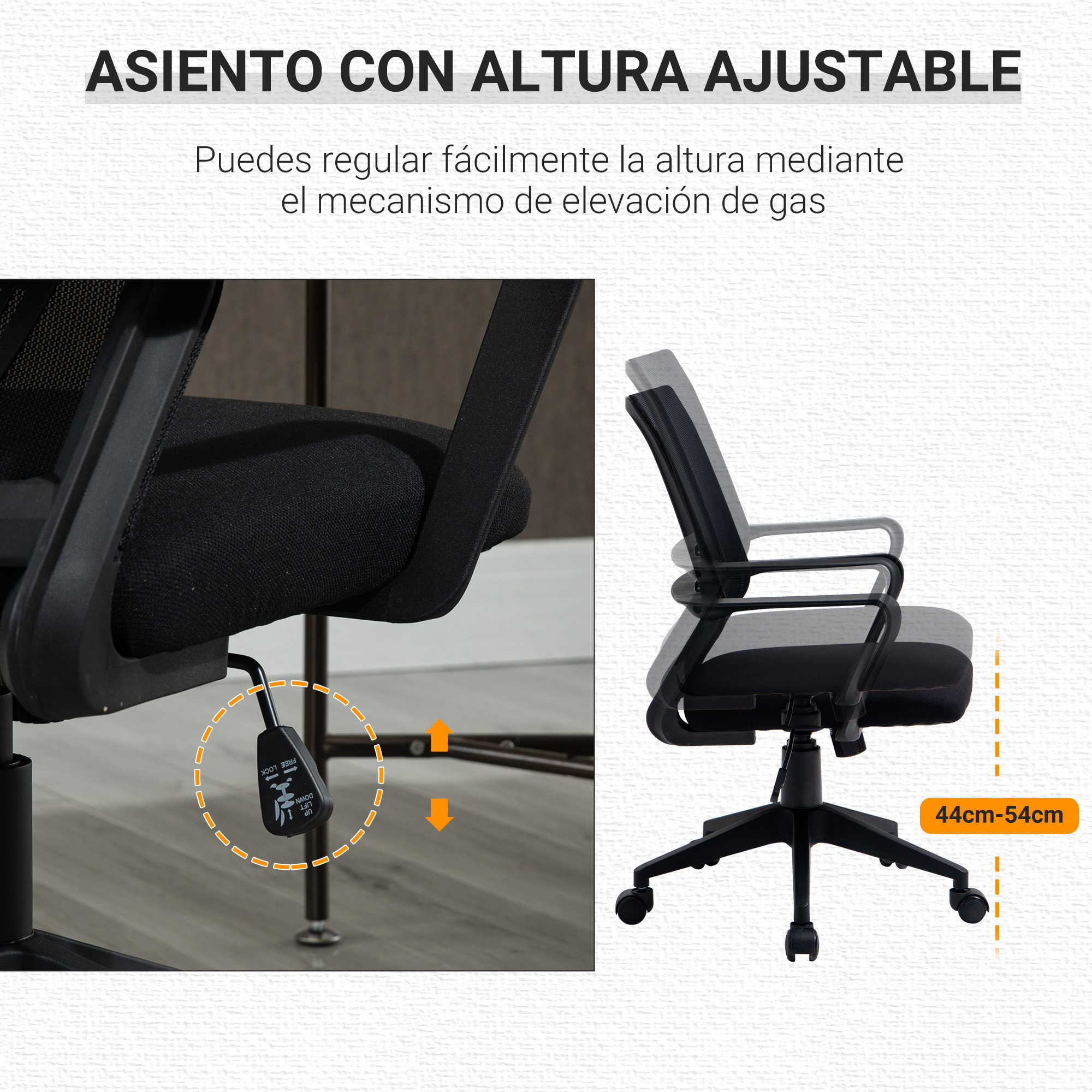 Vinsetto Silla de Oficina Ergonómica Silla de Escritorio Giratoria Ajustable en Altura con Reposabrazos y Soporte Lumbar Tejido Transpirable 61x58,5x89-99 cm Negro