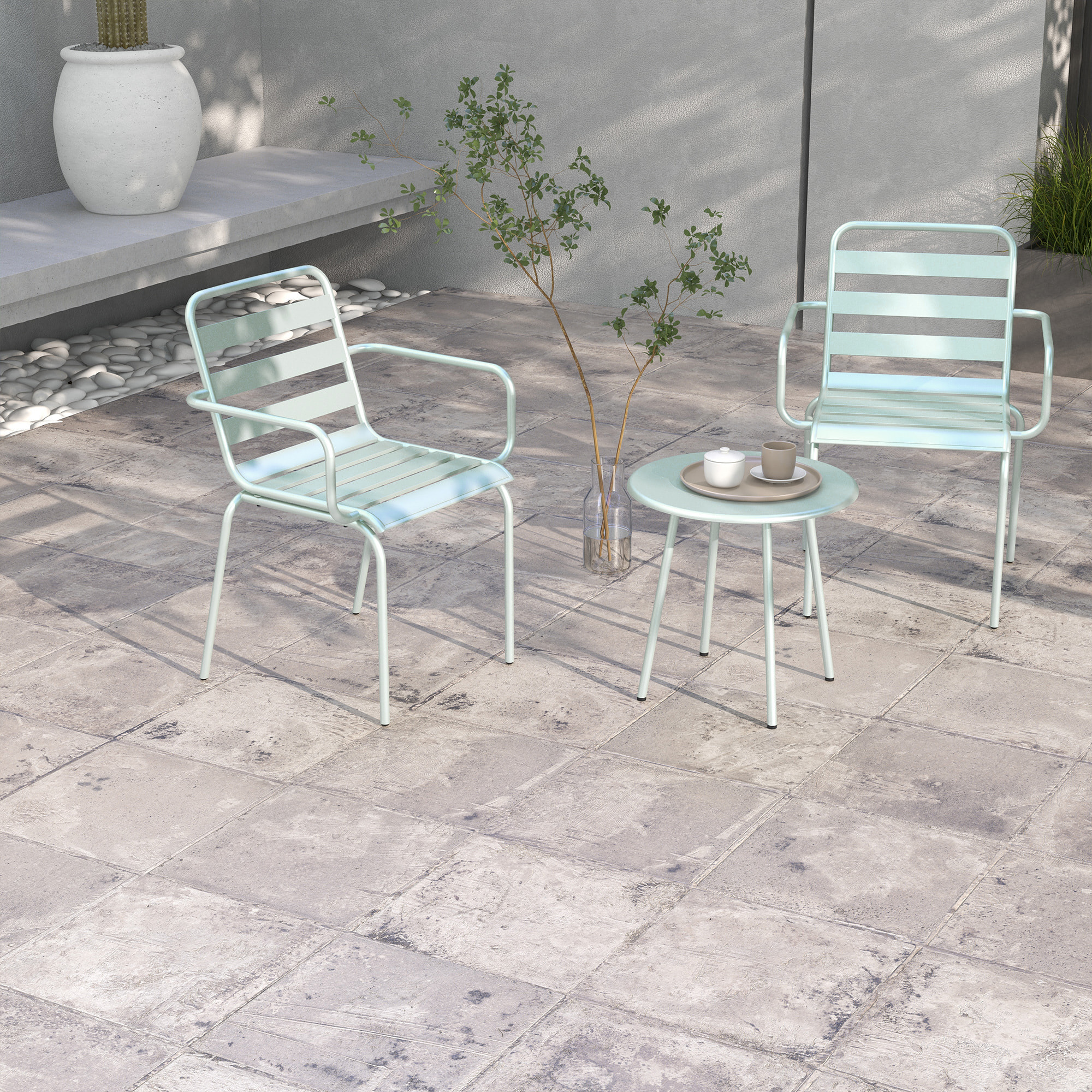 Salon de jardin bistro - table basse ronde Ø 60 cm 2 chaises empilables - acier thermolaqué vert de gris