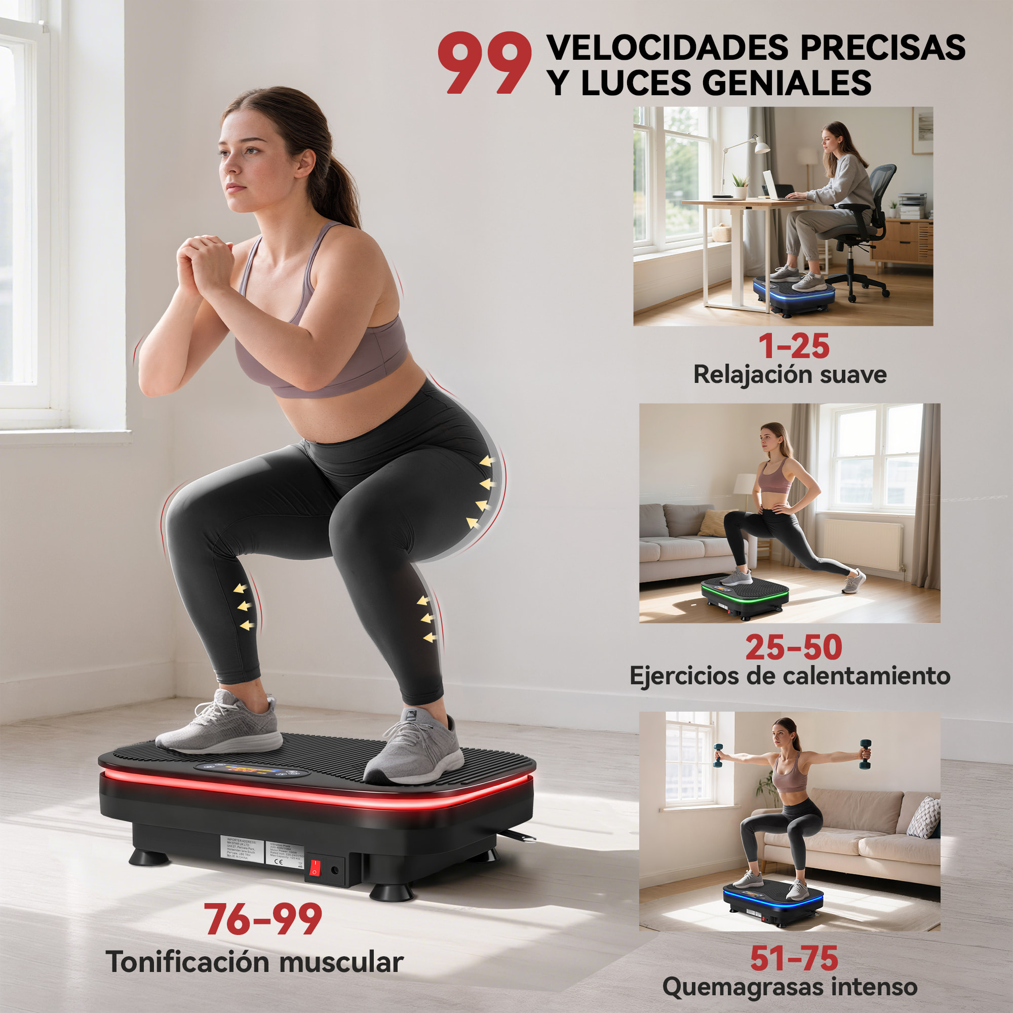 Plataforma Vibratoria, 99 Velocidades, 3 Programas, Plataforma Vibración Muscular con Altavoz Bluetooth, Pantalla LED, Luces, Mando a Distancia, Bandas Elásticas, para Hacer Ejercicio en Casa