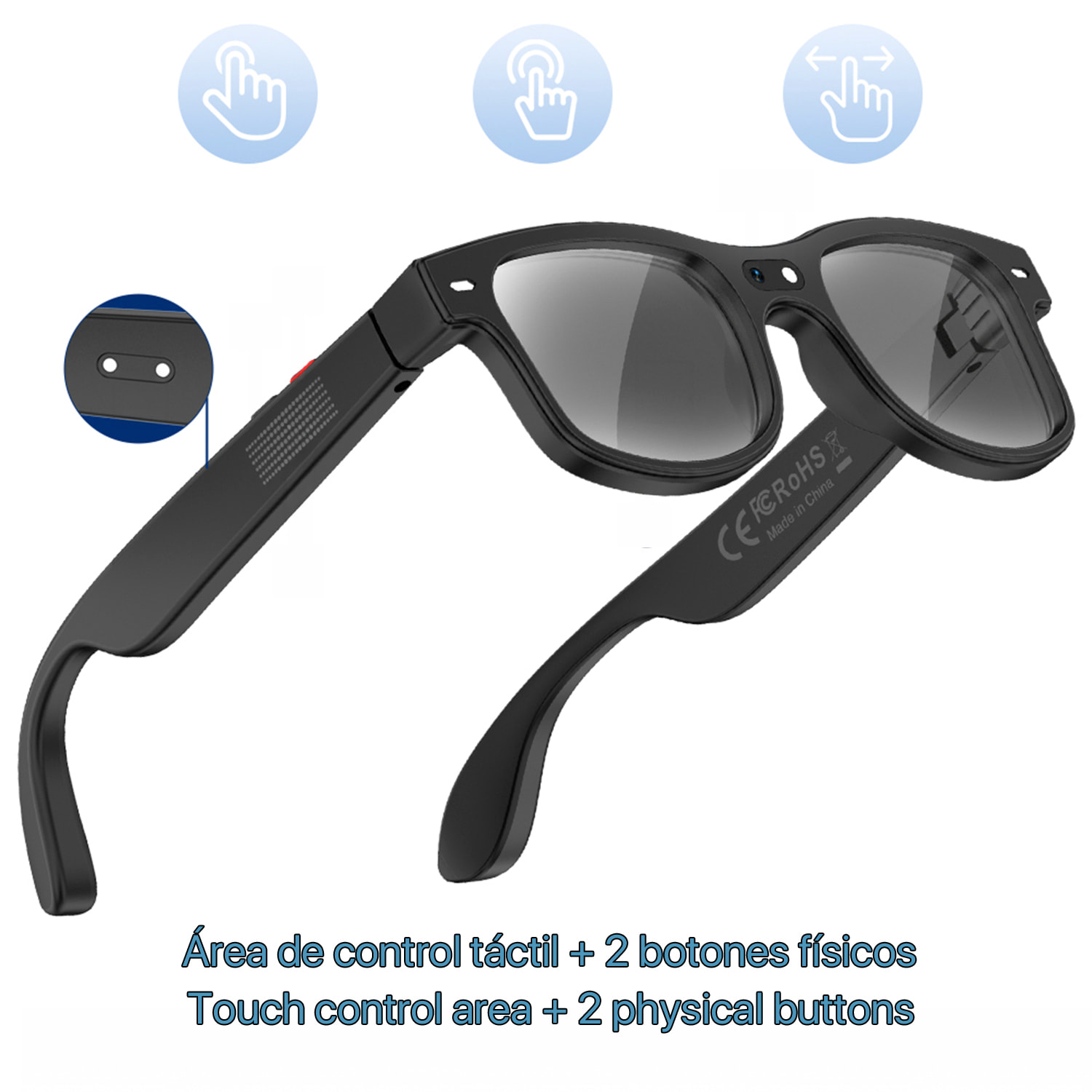 Gafas inteligentes AIMB-G3. Con cámara de 8 MPX, traductor Ai en tiempo real, asistente de voz, control de música y llamadas. Con 3 pares de lentes.