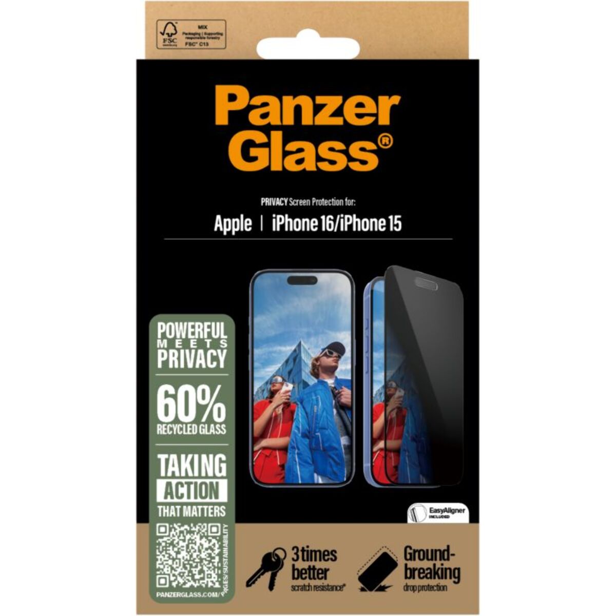 Protège écran PANZERGLASS iPhone 16 Privacy verre trempé