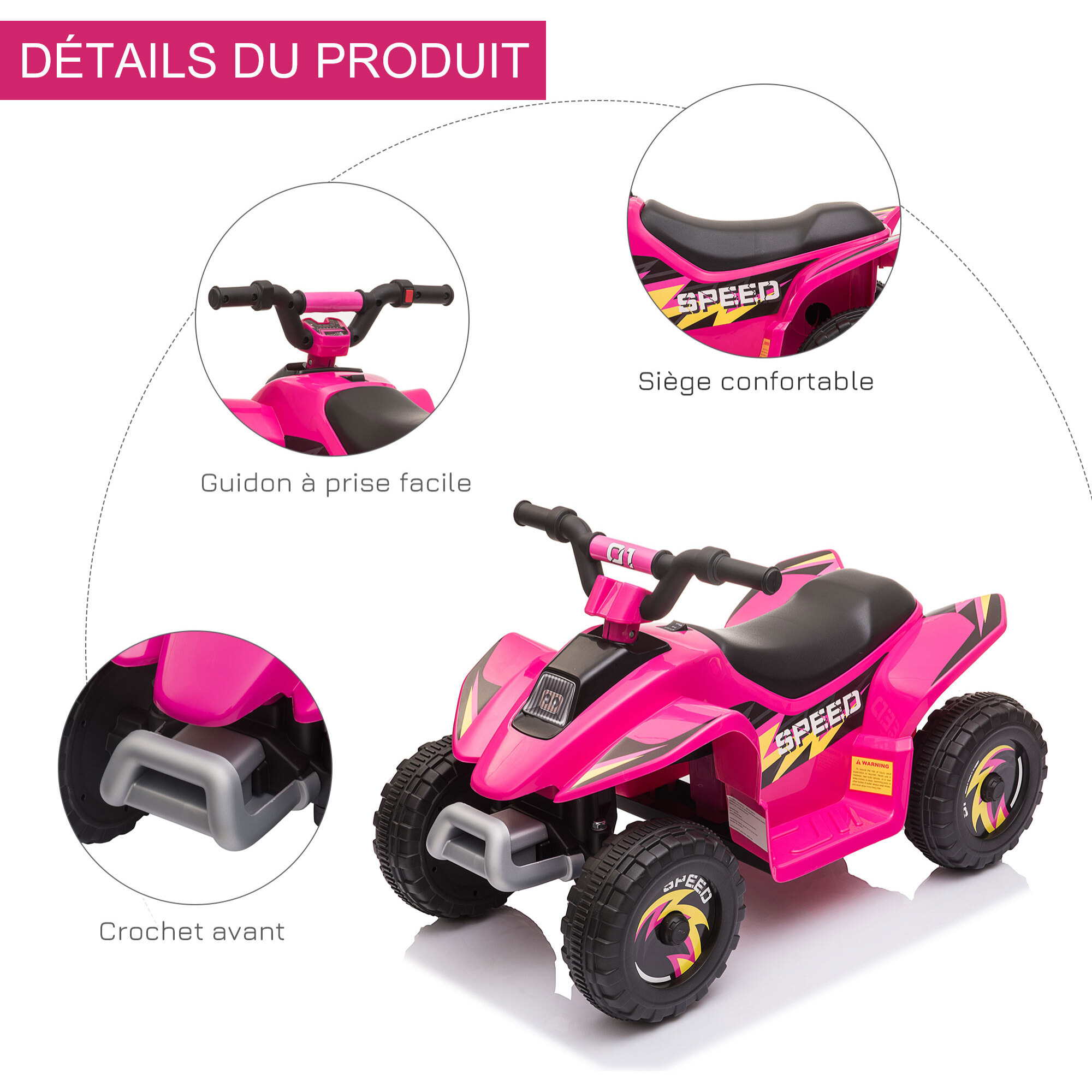 Quad électrique enfant - voiture électrique enfant - marche AV, AR - 6 V, V. max. 4,6 Km/h - rose