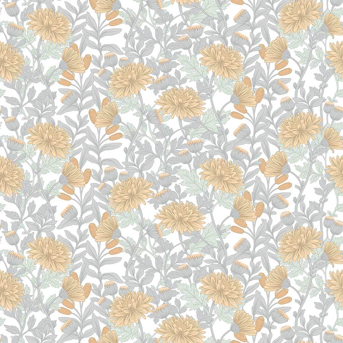 Papier peint chrysanthèmes jaune doux