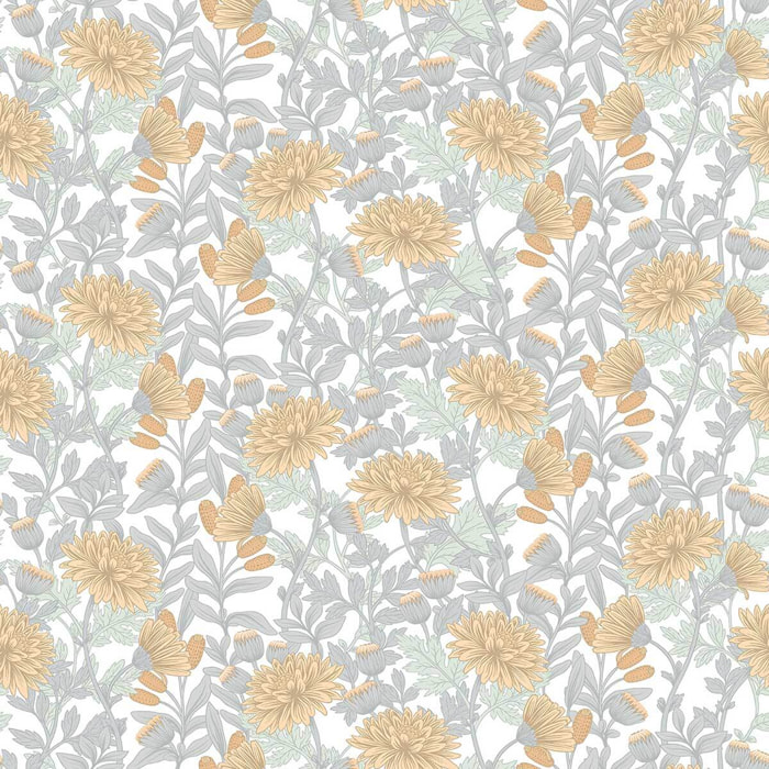 Papier peint chrysanthèmes jaune doux
