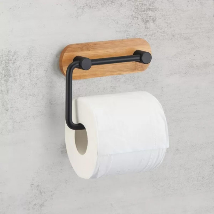 Porte rouleau papier wc adhésif YONO Acier Noir mat & Bambou MSV