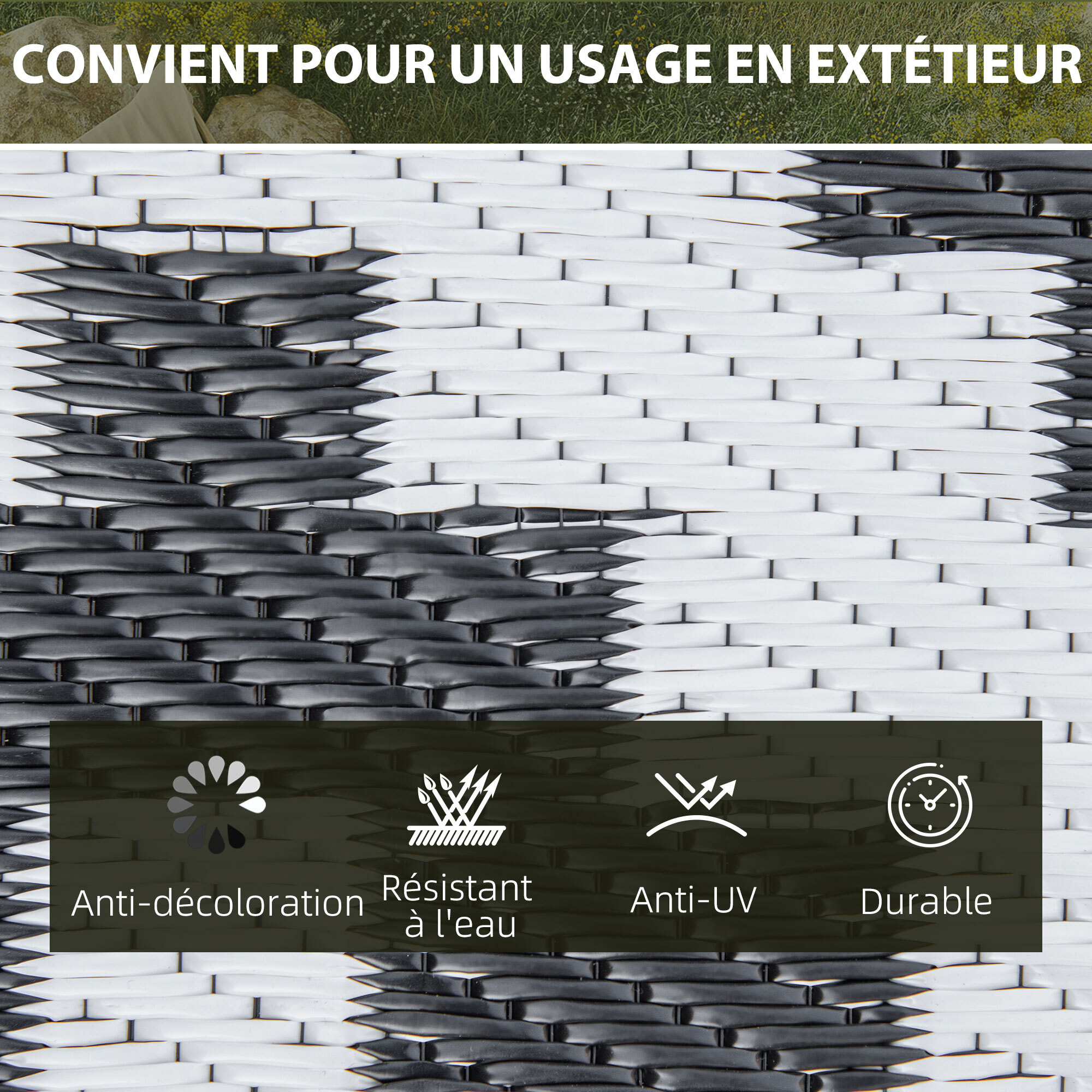 Tapis extérieur style graphique - tapis réversible 2 motifs - dim. 2,74L x 1,82l m, ép. 3 mm - PP haute densité 310 g/m² noir blanc