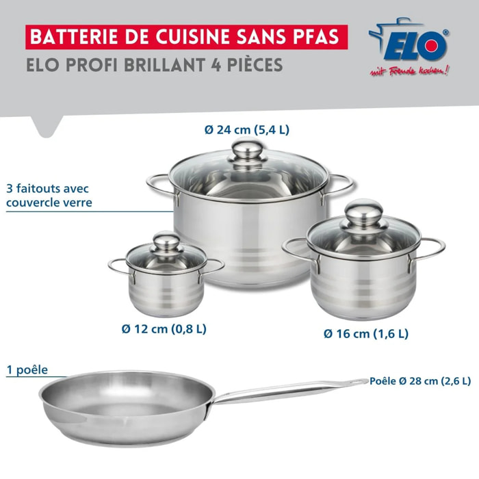 Ensemble de 1 Poêle de cuisson 28 cm et 3 faitouts 12, 16 et 24 cm Elo Profi Brillant