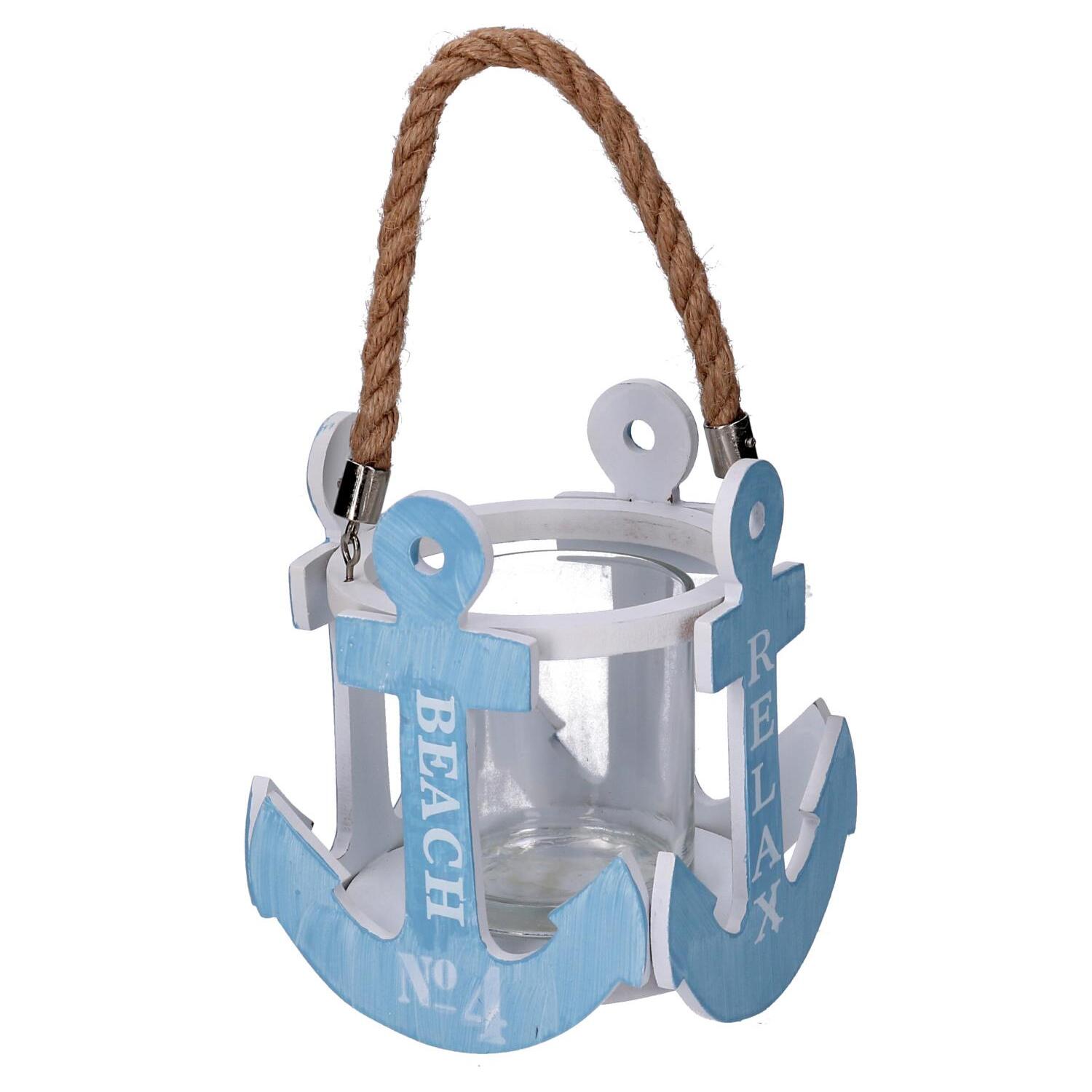 Portacandela in legno ancora azzurro cmø13x15