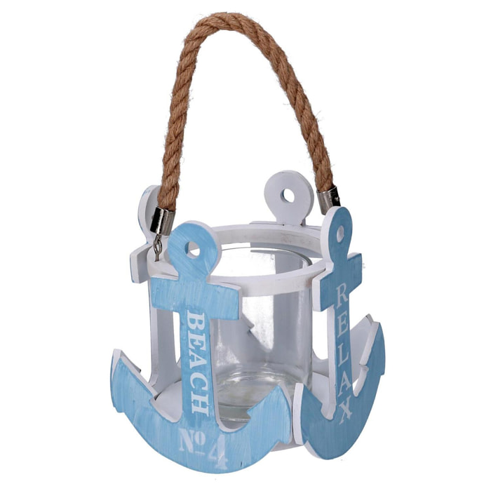 Portacandela in legno ancora azzurro cmø13x15