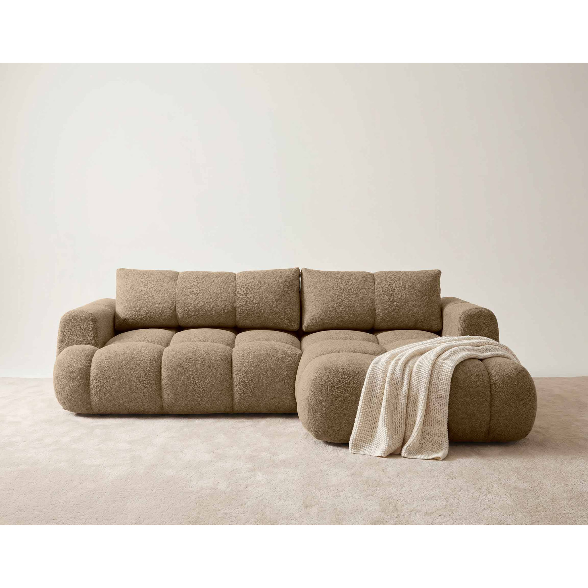 Yulin - Canapé d'angle droit 4 places convertible avec coffre en tissu bouclette - Marron