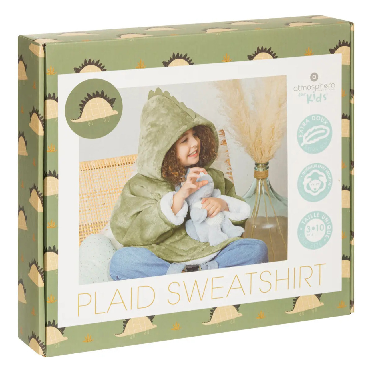 Plaid sweatshirt "Dinosaure" vert pour 3 à 10 ans