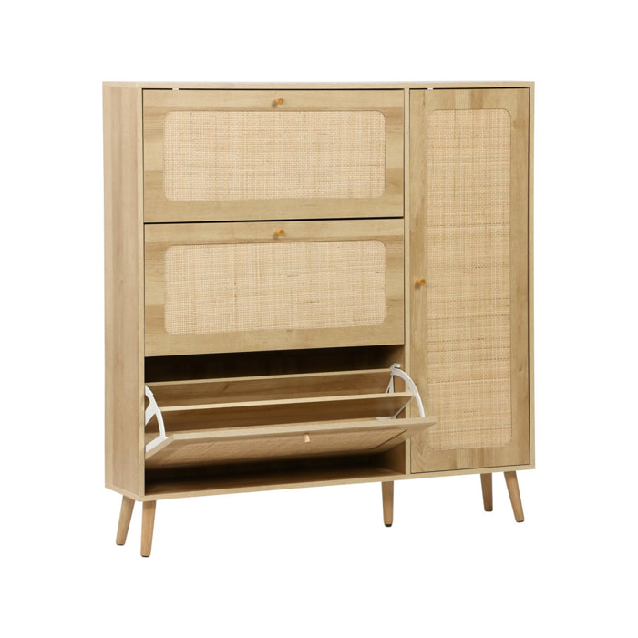 Meuble à chaussure cannage Bohème naturel. 3 tiroirs. 1 porte. 21 paires. 120 x 24 x 125 cm