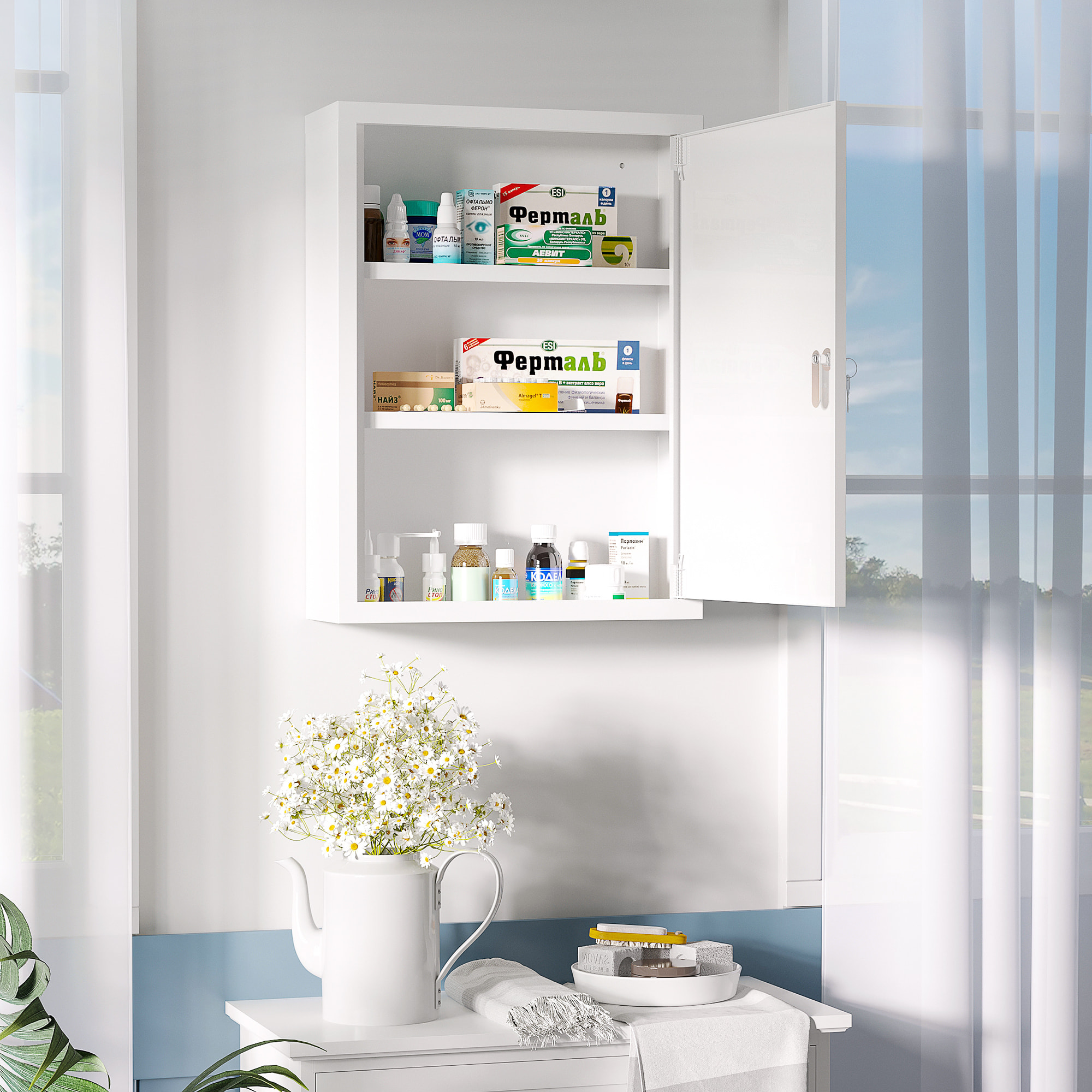 Botiquín de Pared de Acero de Primeros Auxilios Botiquín para Medicinas de 3 Niveles Armario de Baño con Cerradura y 2 Llaves para Cocina 40x15x53,5 cm Blanco