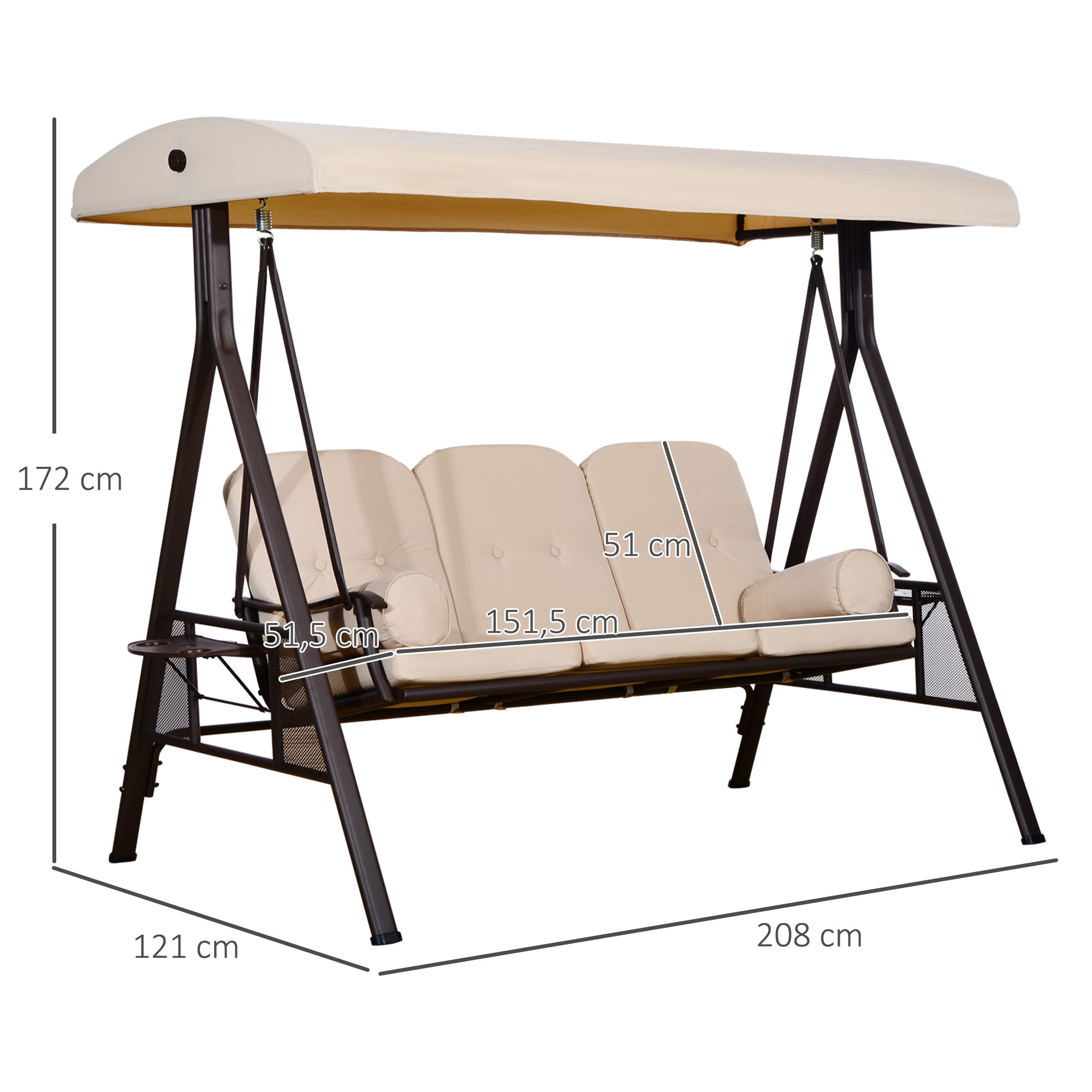 Balancelle de jardin 3 places grand confort toit inclinaison réglable coussins plateaux rétractables polyester filé beige