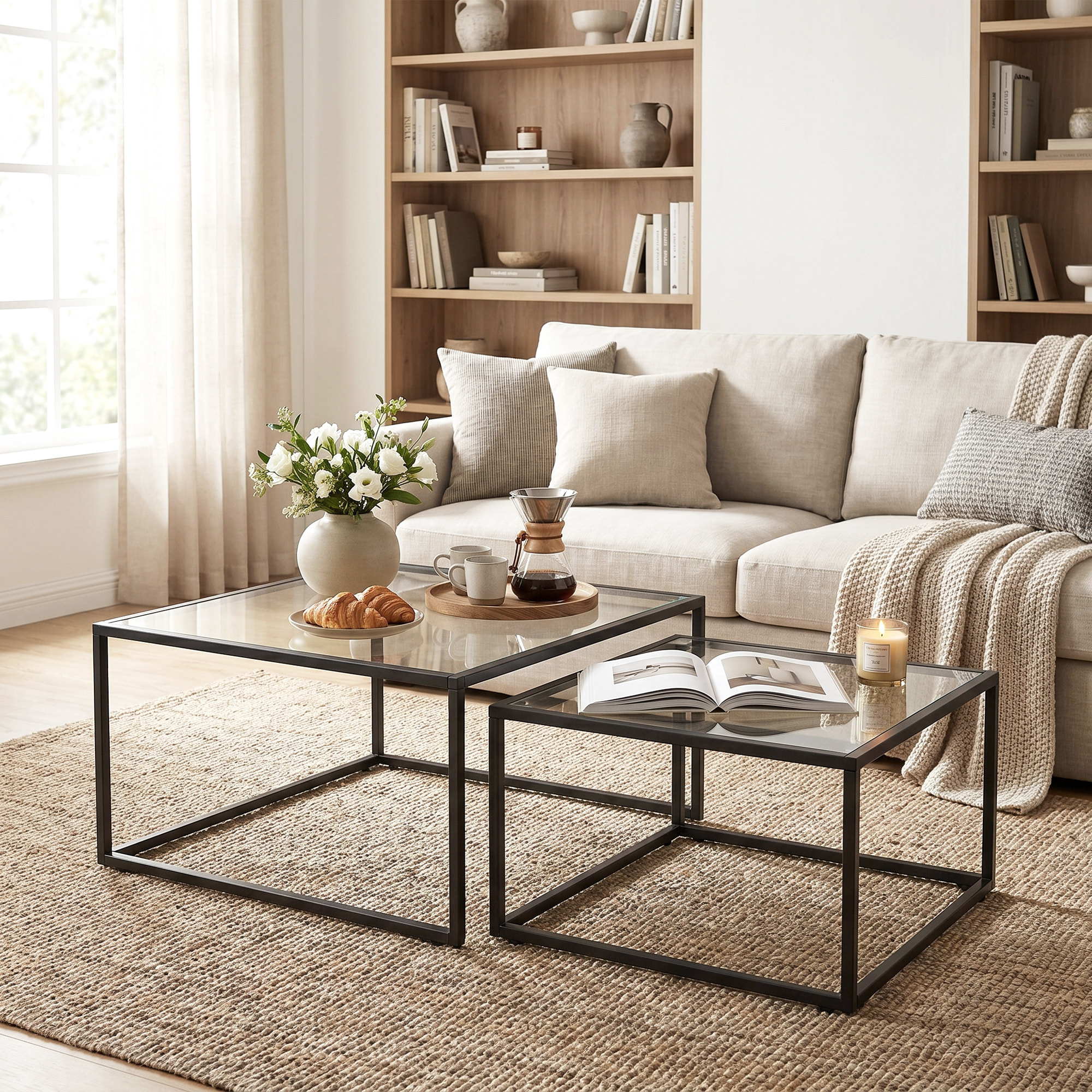 Set de 2 Mesas de Centro Cuadradas, Mesas Nido Modernas con Tablero de Vidrio Templado y Estructura Metálica, Ahorra Espacio, para Salón, Dormitorio u Oficina, 75x75x42 cm, Negro