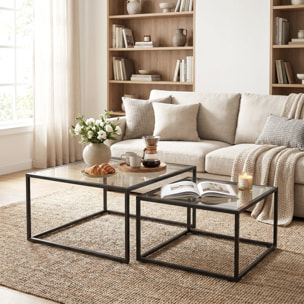 Set de 2 Mesas de Centro Cuadradas, Mesas Nido Modernas con Tablero de Vidrio Templado y Estructura Metálica, Ahorra Espacio, para Salón, Dormitorio u Oficina, 75x75x42 cm, Negro
