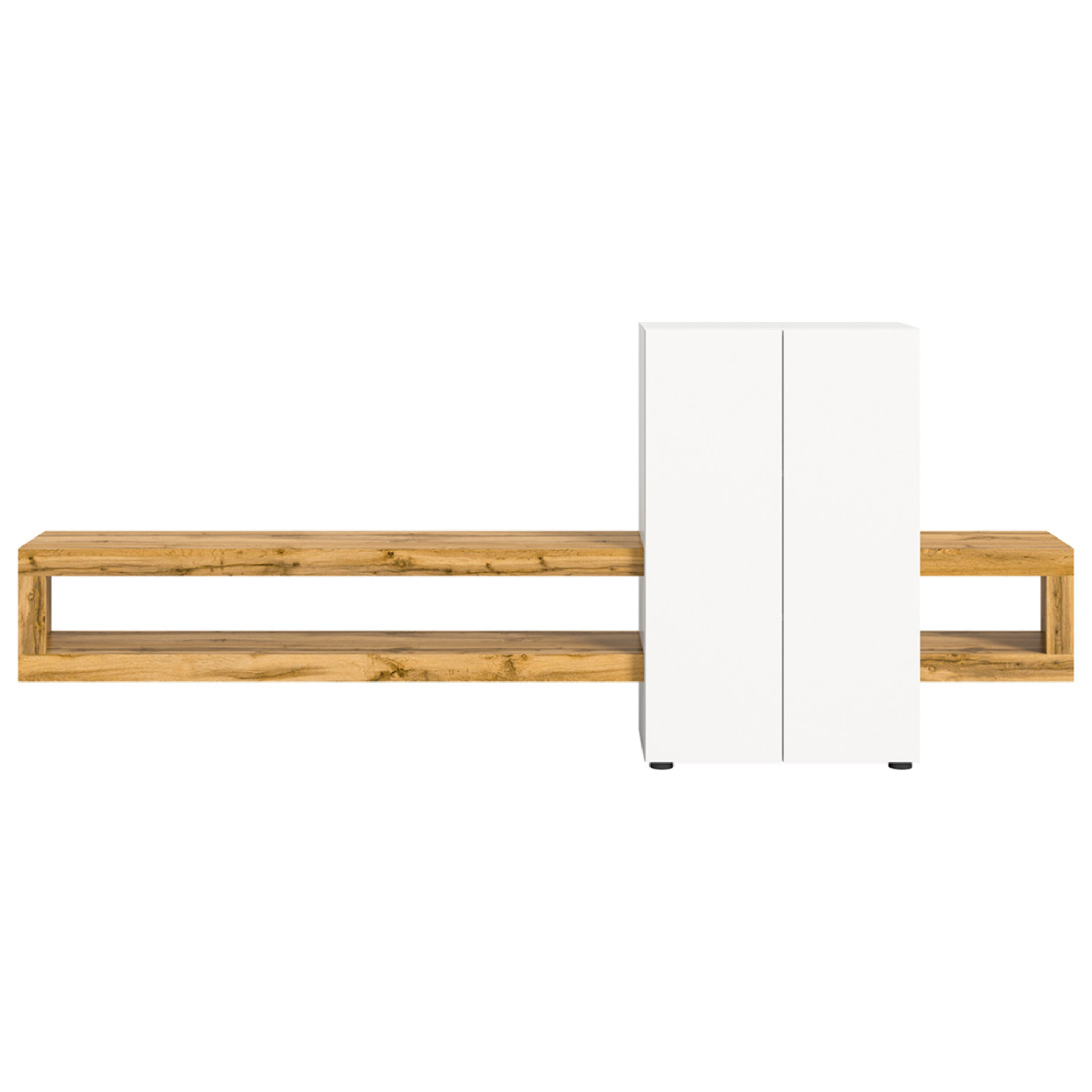 Ned - meuble tv suspendu - 2 portes et 2 étagères - bois et blanc - 270 cm - Bois / Blanc