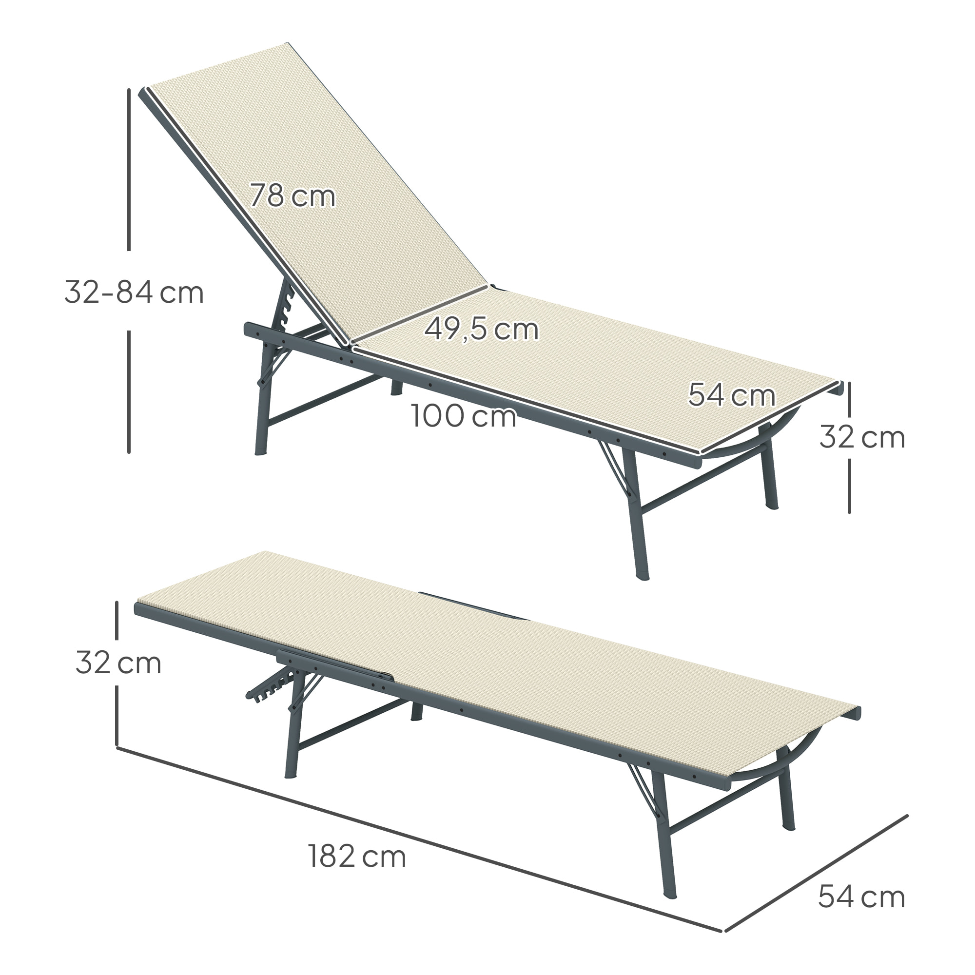 Pack de 2 Tumbonas Jardín Exterior Tumbonas Plegables Reclinables en 5 Posiciones con Estructura Metálica y Asiento de Malla Transpirable para Playa Piscina 164x54x84 cm Crema