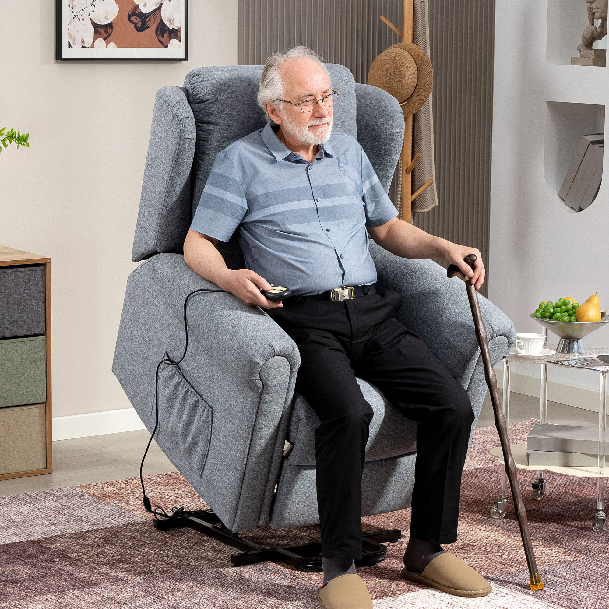 Sillón Relax Reclinable Eléctrico Levanta Personas Sillón Elevador con Respaldo Alto Capitoné Control Remoto Tapizado en Lino y Bolsillos Laterales Gris