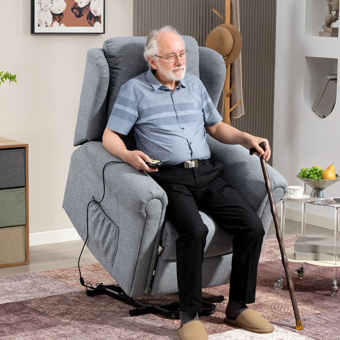 Sillón Relax Reclinable Eléctrico Levanta Personas Sillón Elevador con Respaldo Alto Capitoné Control Remoto Tapizado en Lino y Bolsillos Laterales Gris