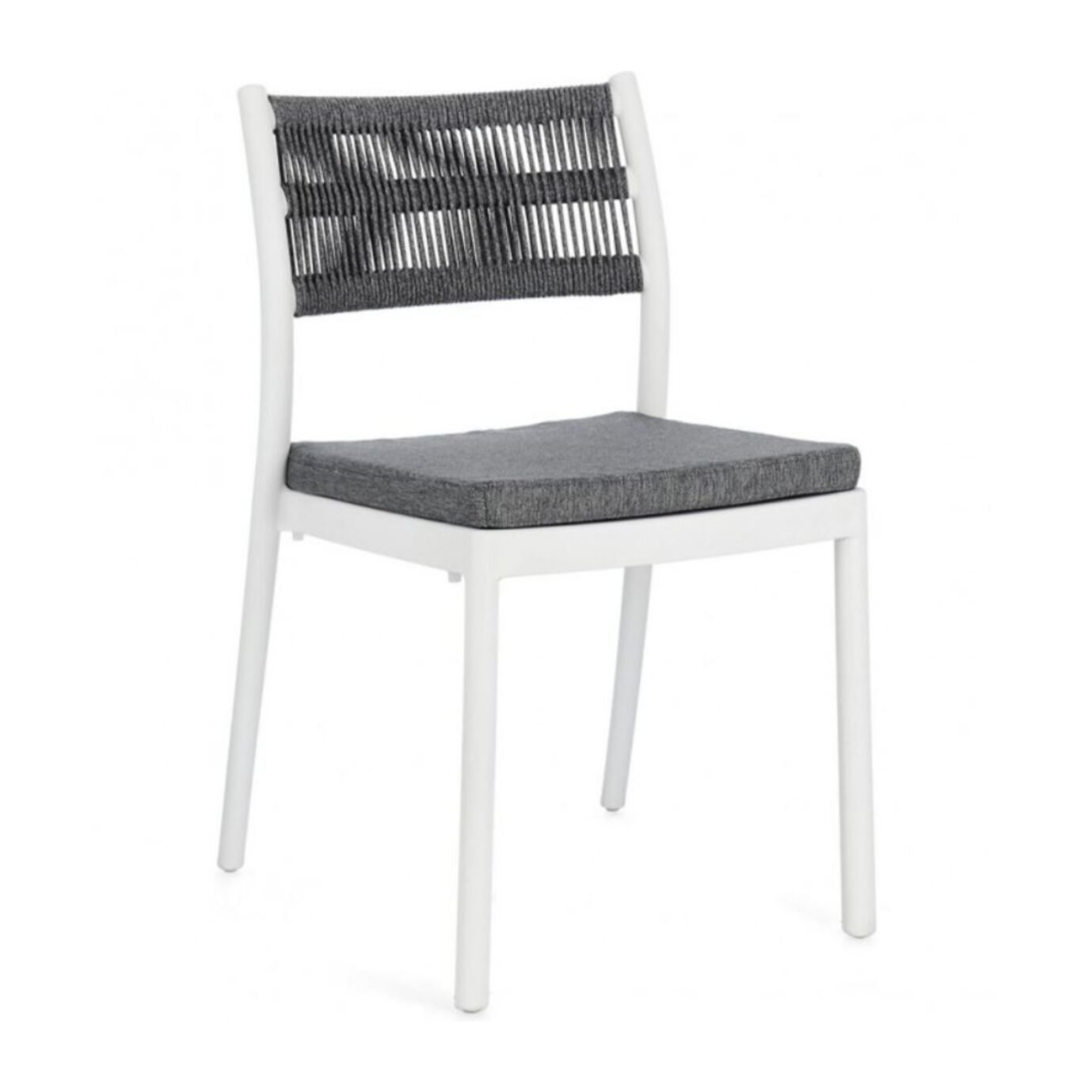 Set di 4 sedie ALVIN in polipropilene bianco e corda intrecciata grigio scuro, impilabili