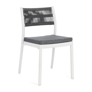Set di 4 sedie ALVIN in polipropilene bianco e corda intrecciata grigio scuro, impilabili