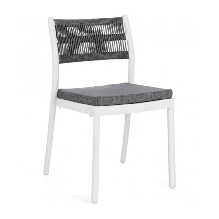 Set di 4 sedie ALVIN in polipropilene bianco e corda intrecciata grigio scuro, impilabili