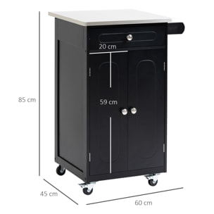 Desserte de cuisine multi-rangements 1 tiroir placard 2 portes avec étagère porte-torchons MDF noir acier inox.