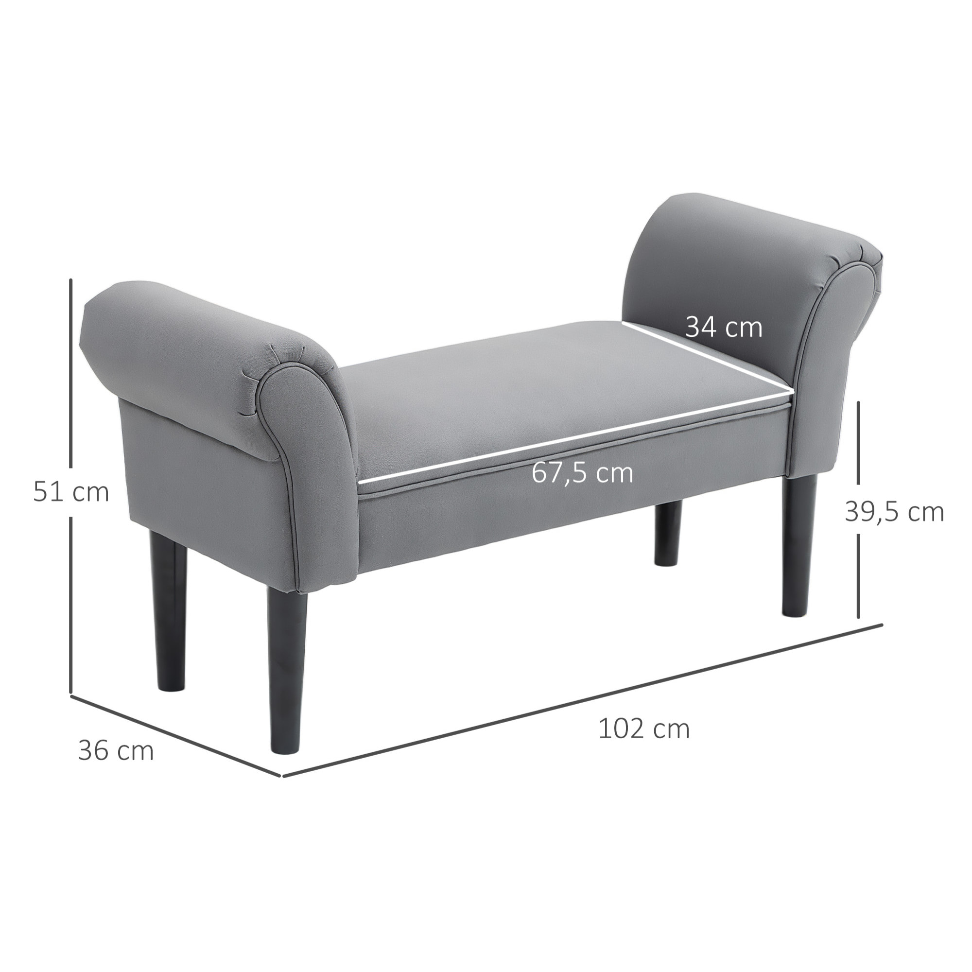 Banco Pie de Cama, Taburete Pie de Cama Tapizado en Lino Sintético con Patas de Madera, Reposabrazos y Asiento Acolchado, Estilo Moderno, Banco para Dormitorio, Entrada, Pasillo, Gris Oscuro