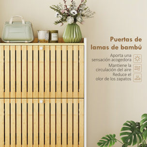Zapatero Estrecho con 3 Puertas de Bambú con Listones Zapatero Entrada Recibidor con Estantes Ajustables para 18 Pares de Zapatos 60x24x118 cm Blanco y Natural