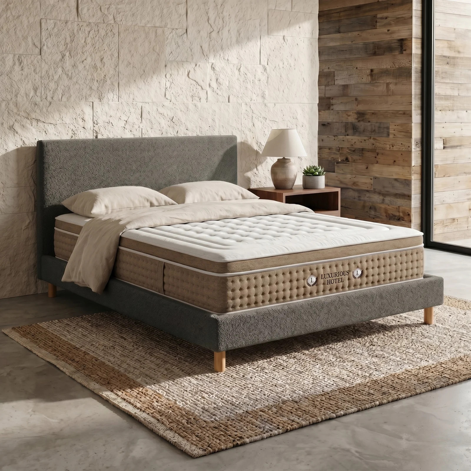 Ensemble matelas Bali & lit fixe Colisée | Mémoire de forme et ressorts ensachés | cadre à lattes | Bouclette | Gris clair