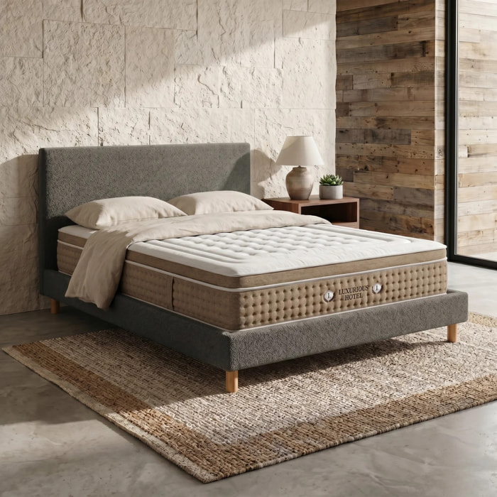 Ensemble matelas Bali & lit fixe Colisée | Mémoire de forme et ressorts ensachés | cadre à lattes | Bouclette | Gris clair