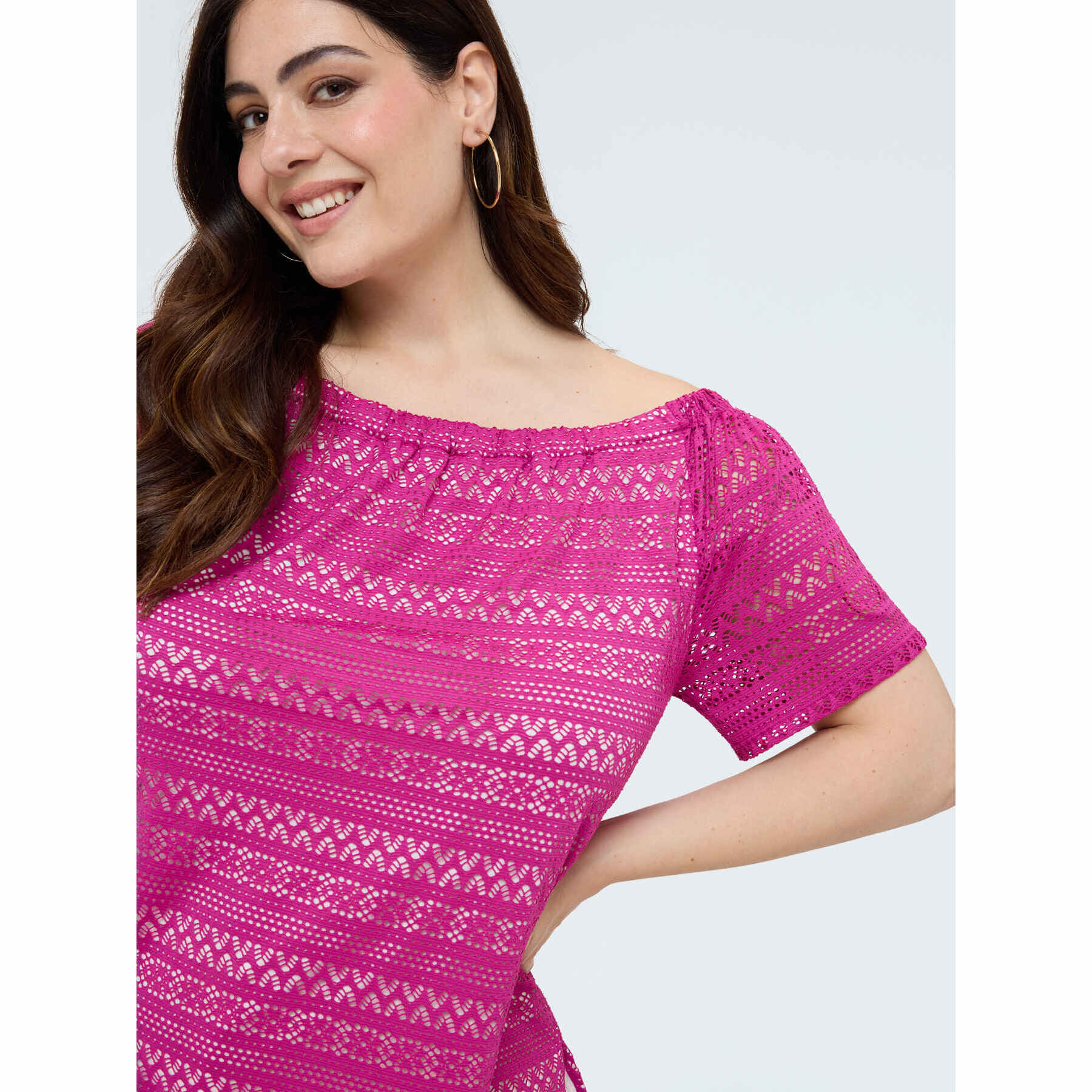 Fiorella Rubino - T-shirt in pizzo a righe con scollo a barchetta - Fucsia