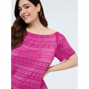 Fiorella Rubino - T-shirt in pizzo a righe con scollo a barchetta - Fucsia