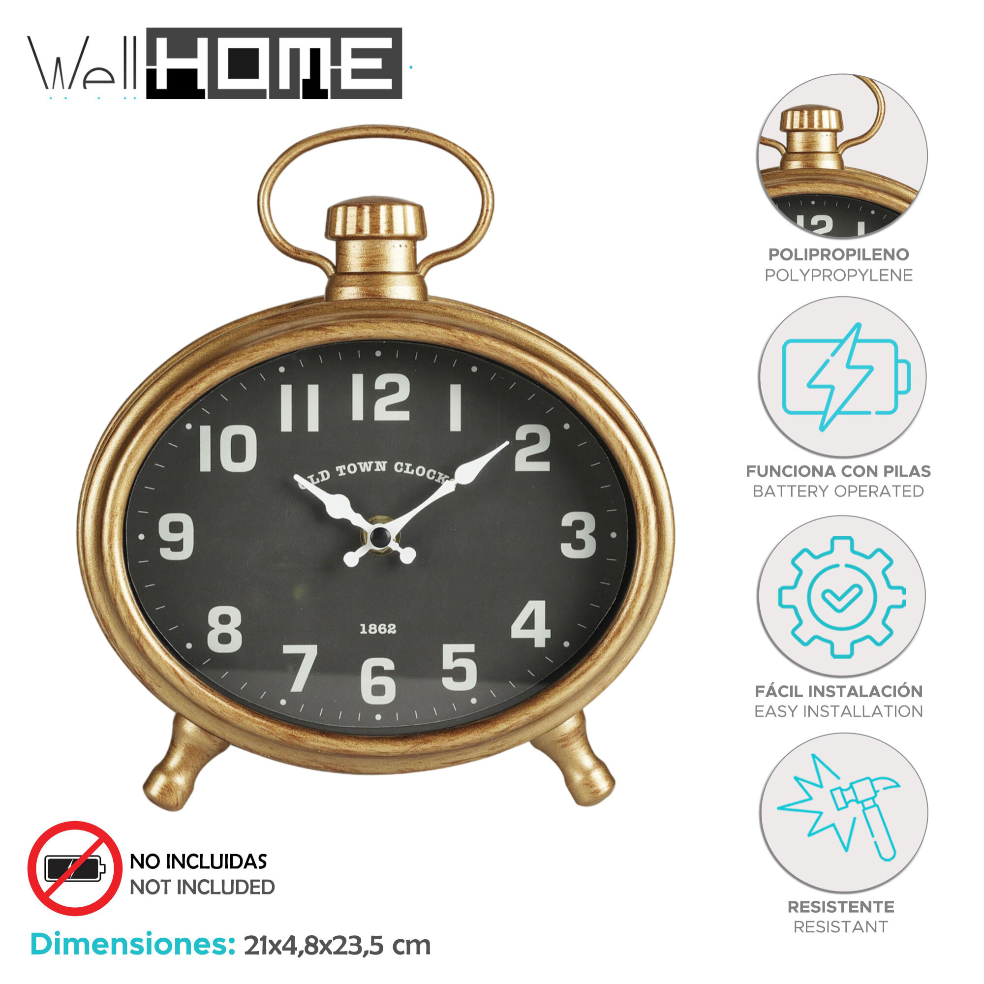 Well home reloj de apred ovalado cuerpo dorado 21x4,8x23,5cm