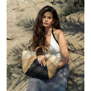 Bolso de mano rafia negro y tostado