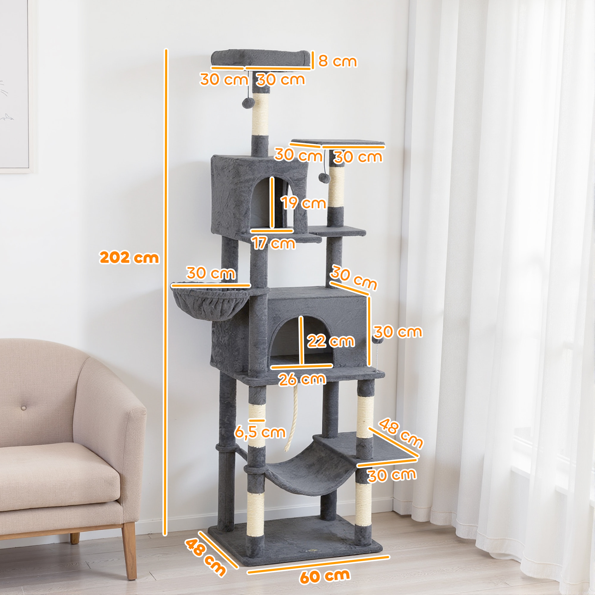 Árbol Rascador para Gatos, Árbol para Gatos 202 cm, Torre Escalador con Plataformas, Cama, Cuevas, Postes de Sisal, Bolas y Cuerda para Jugar, Gris Oscuro