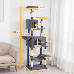 Árbol Rascador para Gatos, Árbol para Gatos 202 cm, Torre Escalador con Plataformas, Cama, Cuevas, Postes de Sisal, Bolas y Cuerda para Jugar, Gris Oscuro