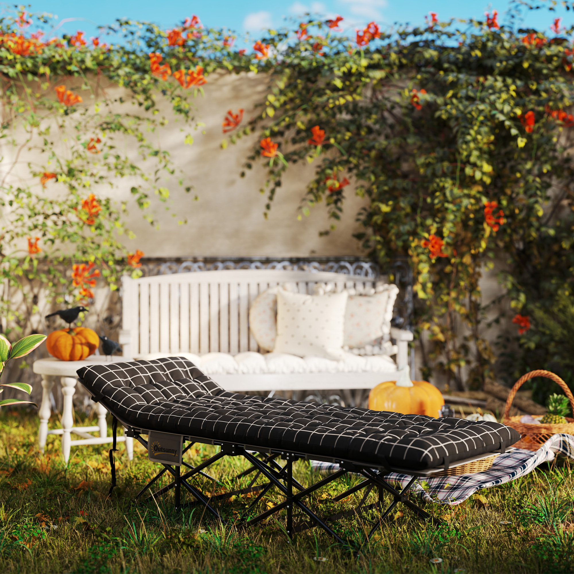 Lit de camping - pliable - matelas, pochette latérale et sac intégré - métal, tissu Oxford - 190 x 67 x 37 cm - noir